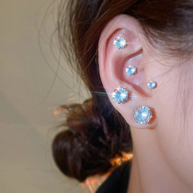 1 Pc Stainless Steel Unisex Women Men Round Crystal Zircon Ear Studs Earrings 4 Prong alternate view