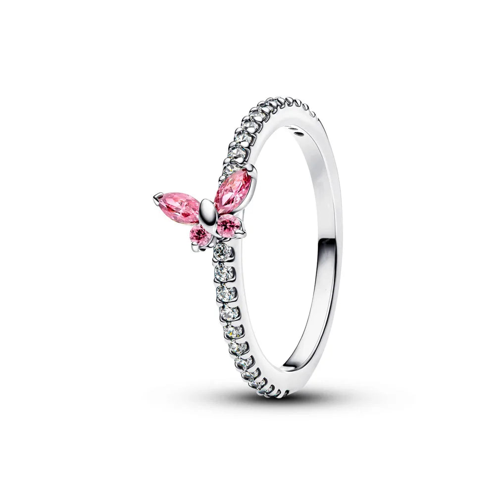 925 Sterling Silver Heart-Shaped Butterfly Flower Ring | Exquisite Charm Jewelry for Her detail view