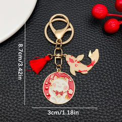 Japanese Maneki-neko (Lucky Cat) Keychain, Japanese Style Koi Fish Car Key Pendant, Cr close-up view