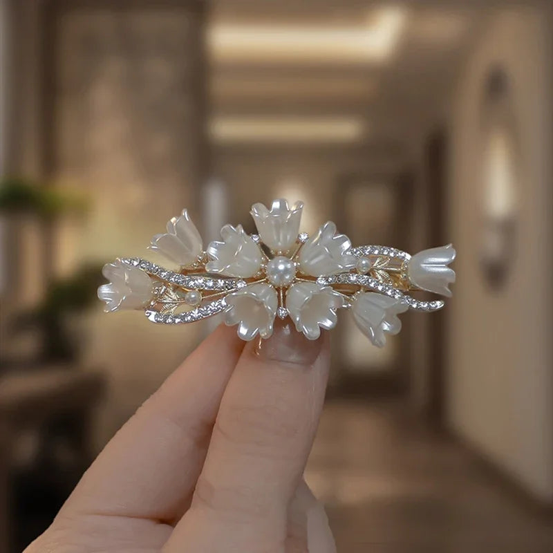 Elegant Pearl Lily of the Valley Spring Clip Hair Clip Women's Back of Head Half-tied Flower Barrette Fashion Hair Accessories