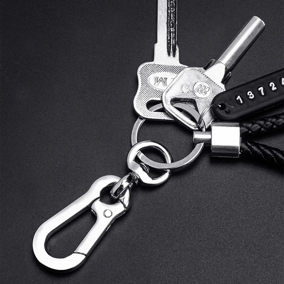 Trendy DIY Mobile Phone Number Plate Pendant Keychain for Men Punk Simple Woven Leathe close-up view