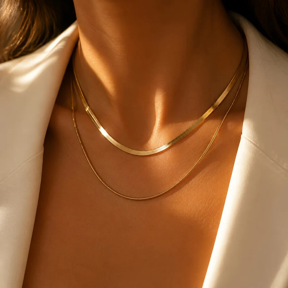 2-Piece Set of Snake Bone Chains, Simple and Stylish Casual 304L Stainless Steel Doubl close-up view