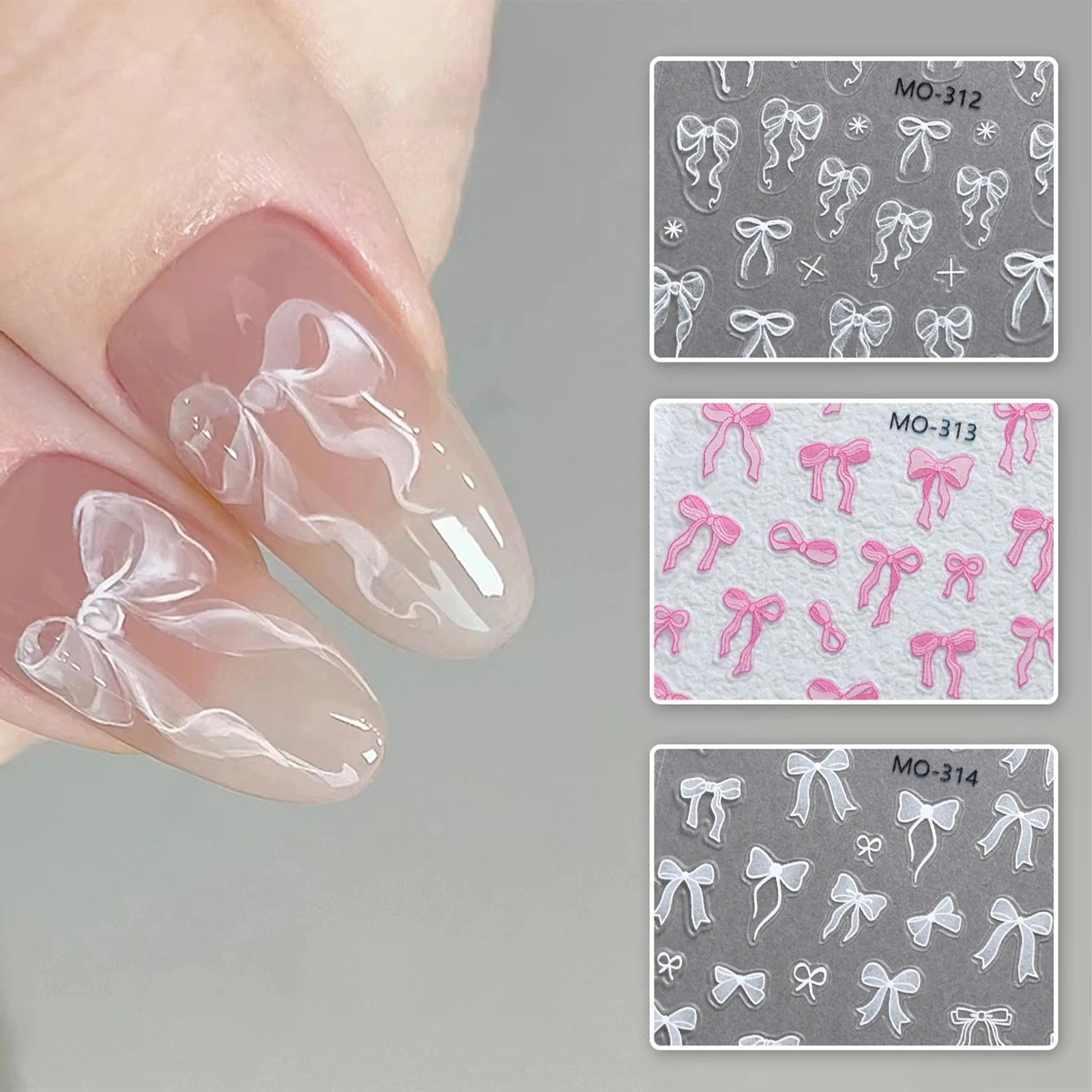 Bowknot Nail Stickers 3D Relief White Ribbon Cute Sweet Pink Self-Adhesive Nail Art D alternate view