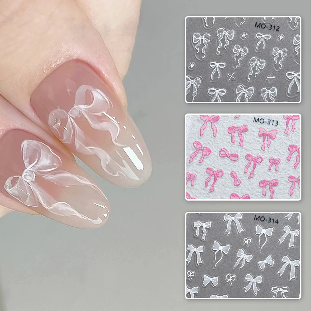 Bowknot Nail Stickers 3D Relief White Ribbon Cute Sweet Pink Self-Adhesive Nail Art D alternate view