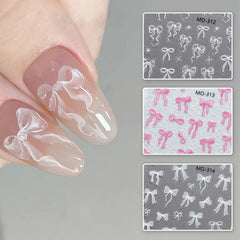 Bowknot Nail Stickers 3D Relief White Ribbon Cute Sweet Pink Self-Adhesive Nail Art D alternate view