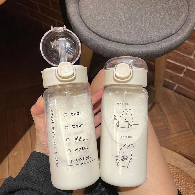 Cartoon Water Bottle With Straw Cute Plastic Drinking Bottle Portable Leak-proof Drin lifestyle view