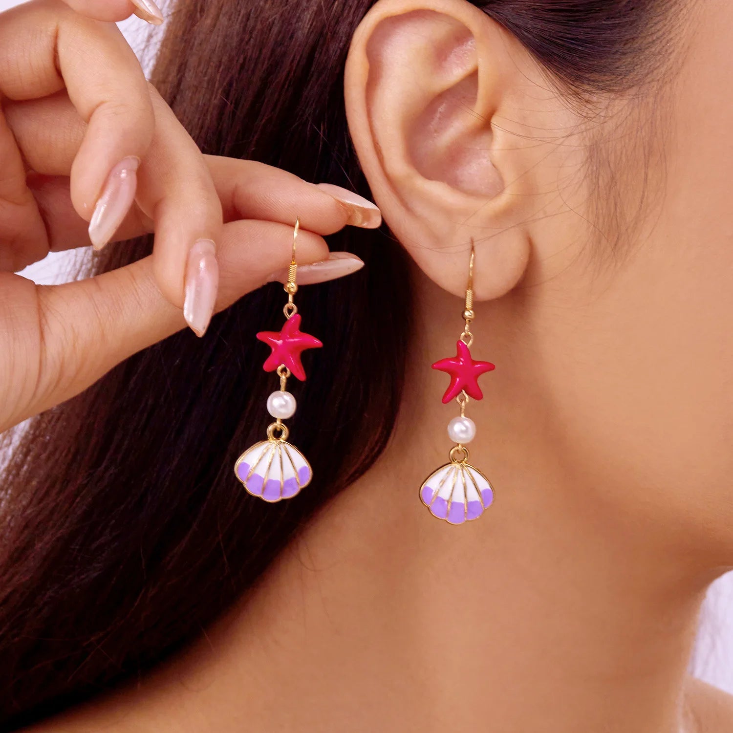 1 Pair Minimalist Starfish, Pearl & Shell Design Earrings, Suitable For Beach Vacation & detail view