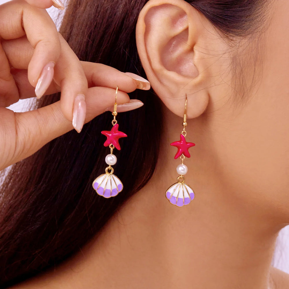 1 Pair Minimalist Starfish, Pearl & Shell Design Earrings, Suitable For Beach Vacation & detail view