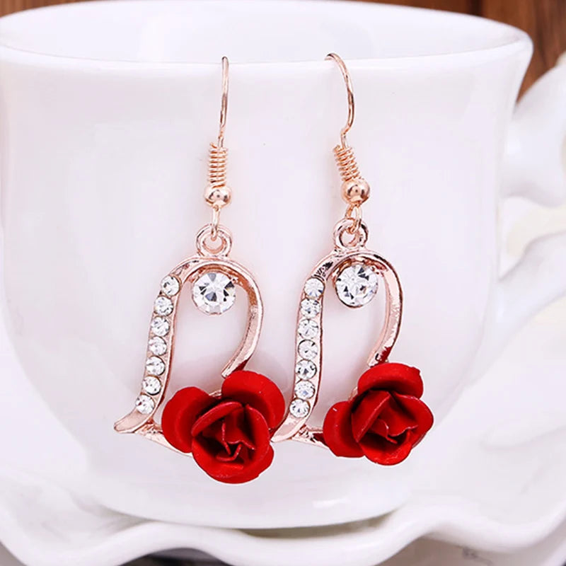 Red Rose Drop Earrings Zinc Alloy Vintage Rhinestone Flowers