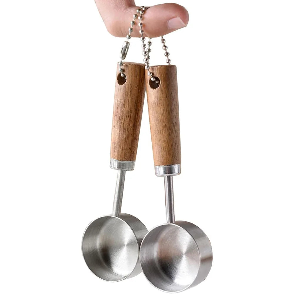 Stainless Steel Measuring Spoon Set | Gold Wood Handle Kitchen Baking Tool close-up view