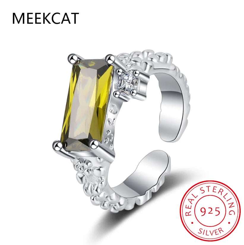 Emerald Cut Natural Green Peridot 925 Sterling Silver Irregular Texture Adjustable Ring detail view