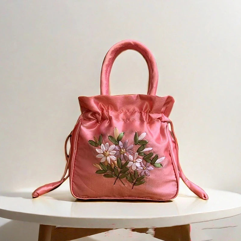 Small Embroidered Flower Bucket Bag | Women's Top Handle Drawstring Purse alternate view