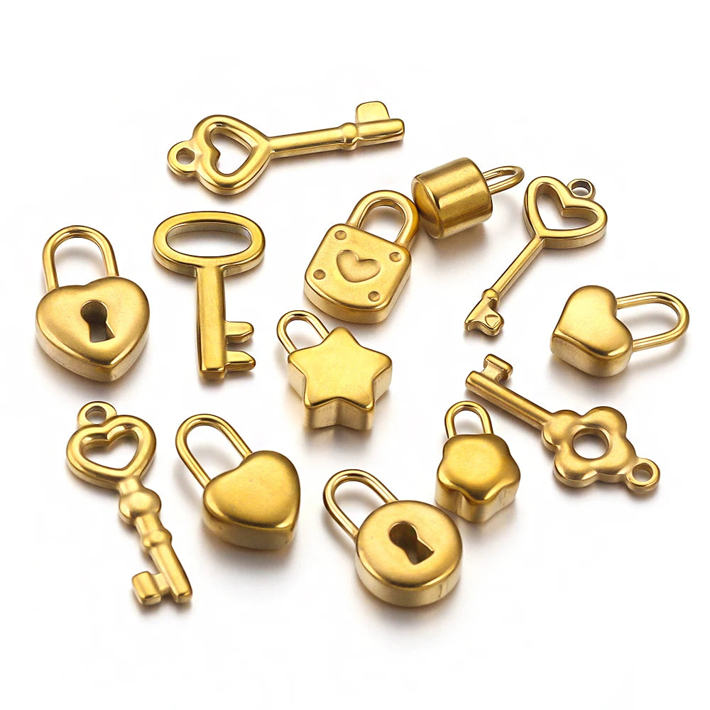5pcs Stainless Steel Heart Lock Key Gold Plated Love Pendant Punk Hip Hop for DIY Nec alternate view