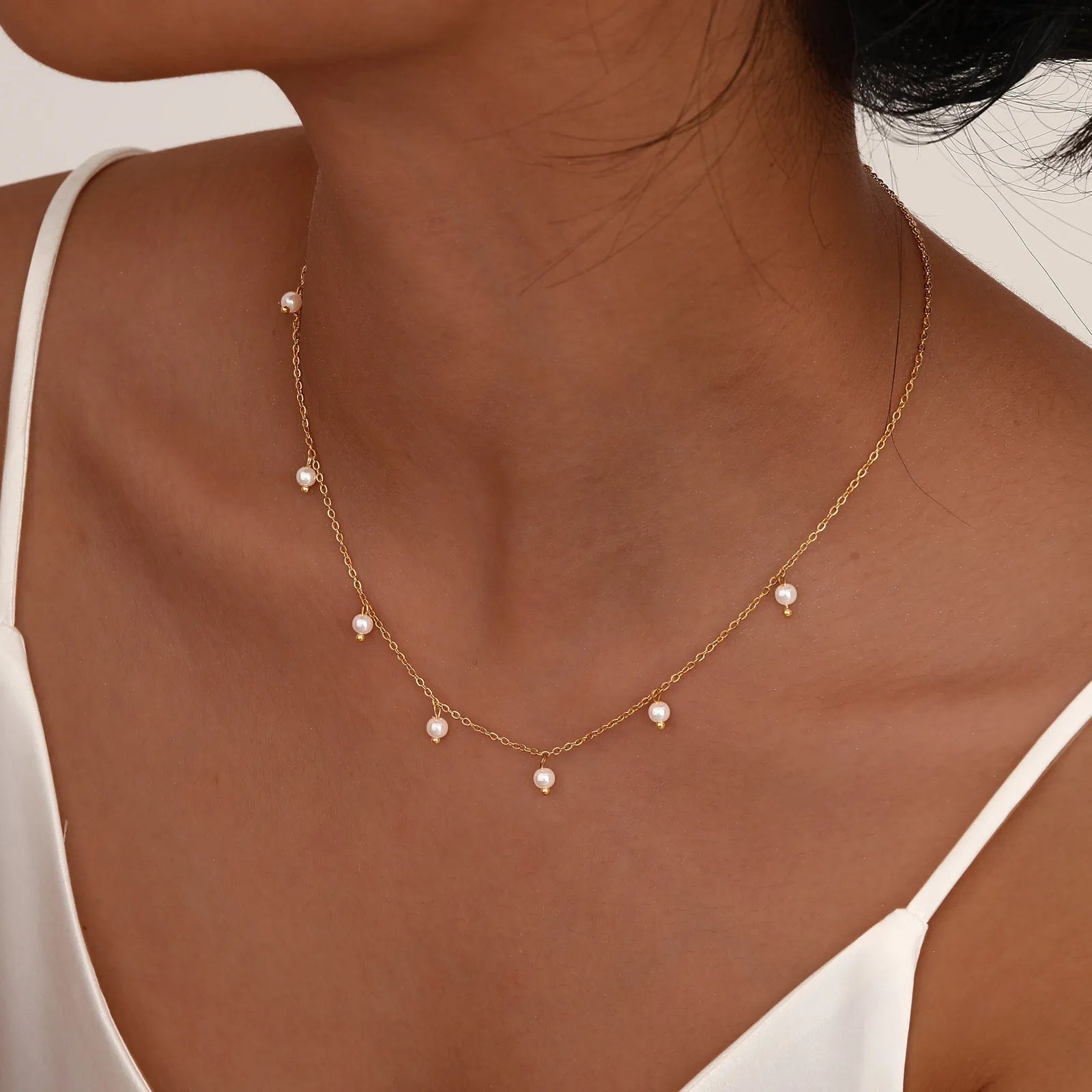 Pearl Choker Necklace for Women, 18K Gold Plated Stainless Steel Chain Necklace Adjustable, Everyday