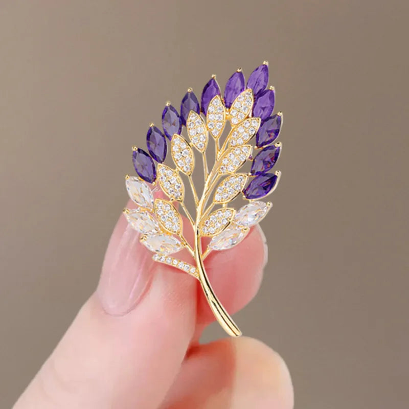 Cute Romantic Colorful Leaf Brooches For Women Purple Crysal Plant Brooch Pin Female Party Birthday Dress Suit Badge Jewelry