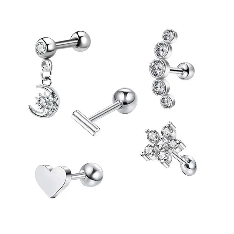 5PCS Heart Tragus Piercing Stud Earring Set Small Lobe Stud Earrings Cartilage Pierci alternate view