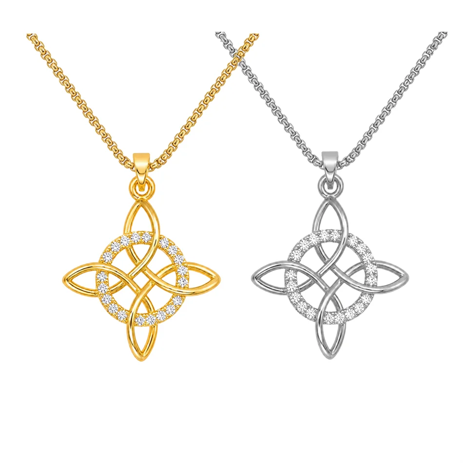 Witch Knot Pendant Necklace Stainless Steel Chain CZ Celtic 4 Elements Protection Amulet Retro Wicca