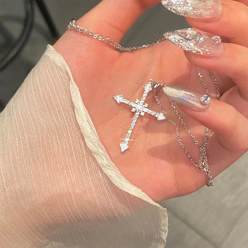 Fashion Women Crystal Zircon Cross Pendant Necklace for Women Trendy Girl Chain Necklace detail view