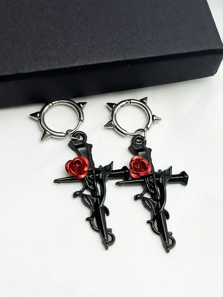 Gun-black Cross Rose Earrings Gothic Halloween Happy Night Rock Hip Hop Jewelry Earri lifestyle view