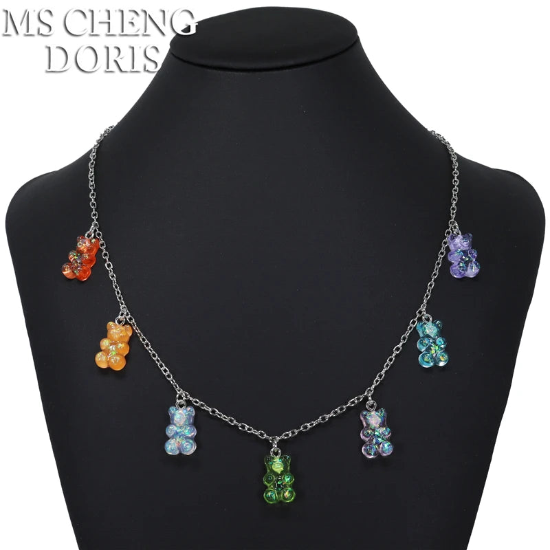 Handmade 33 Styles Colors Cute Resin Gummy Bear Chain Necklaces, Candy Color Pendant For detail view