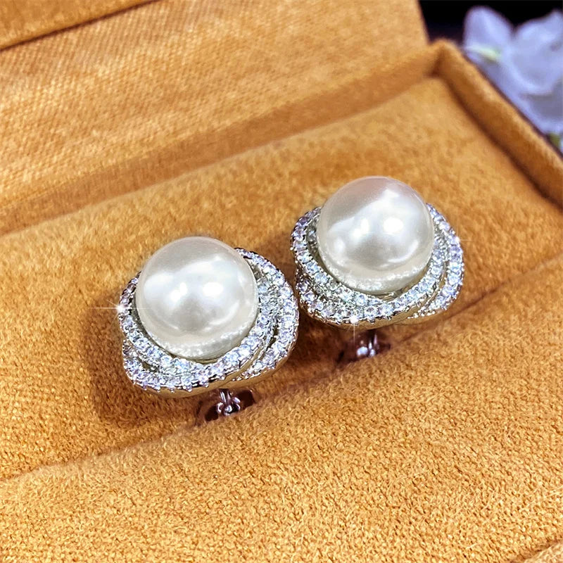 Huitan Sparkling Cubic Zirconia Imitation Pearl Stud Earrings | Silver Tone Fashion J alternate view