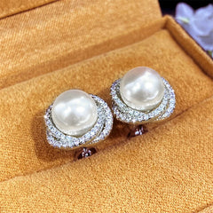 Huitan Sparkling Cubic Zirconia Imitation Pearl Stud Earrings | Silver Tone Fashion J alternate view