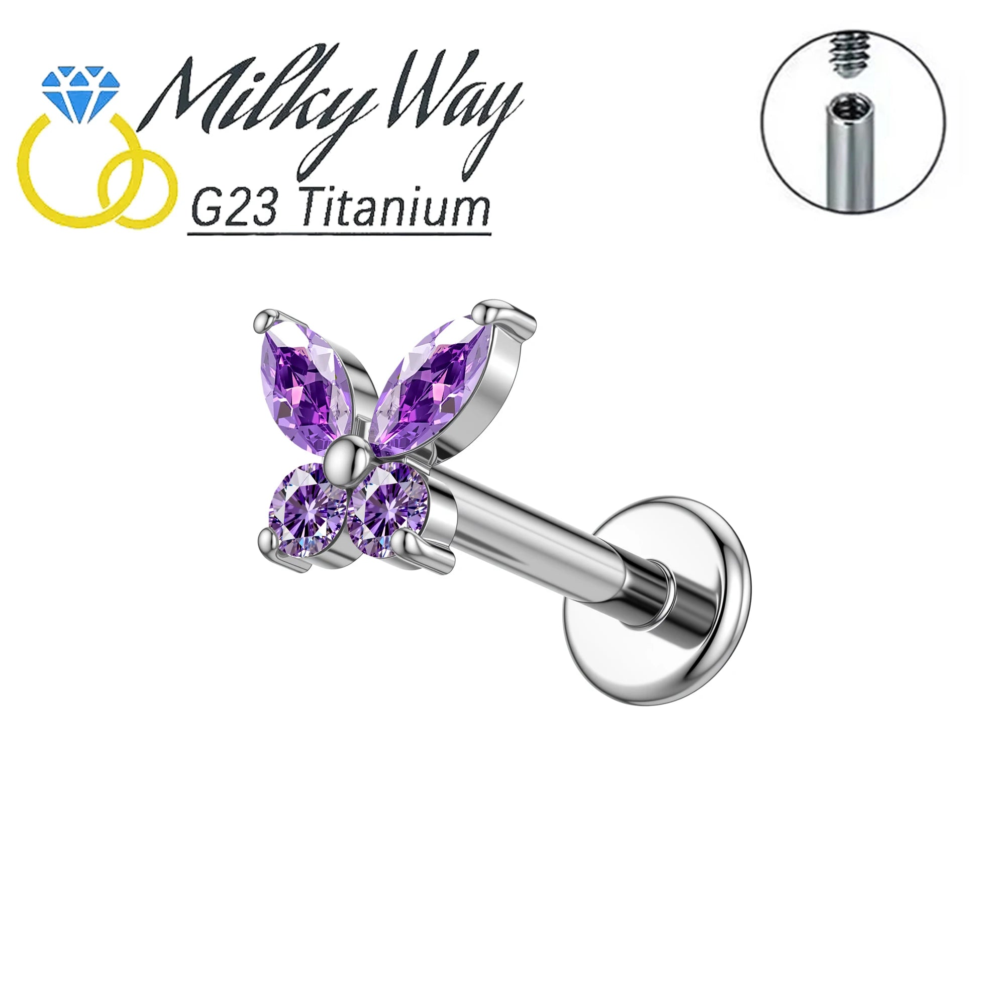 1PC G23 Titanium Butterfly Labret Piercing Lip Stud Cluster Zircon Tragus Flat Cartilage detail view