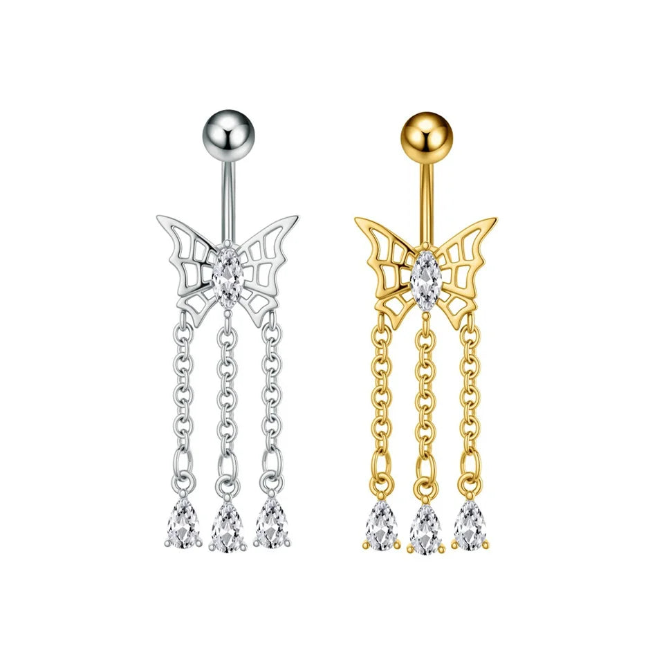 14G Crystal Heart Butterfly Dangle Belly Button Rings CZ Zircon Drop Navel Barbell additional angle