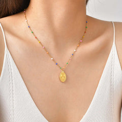 Bohemian Colored Virgin Oval Necklace | Gold Plated Stainless Steel Rosary Chain detail view