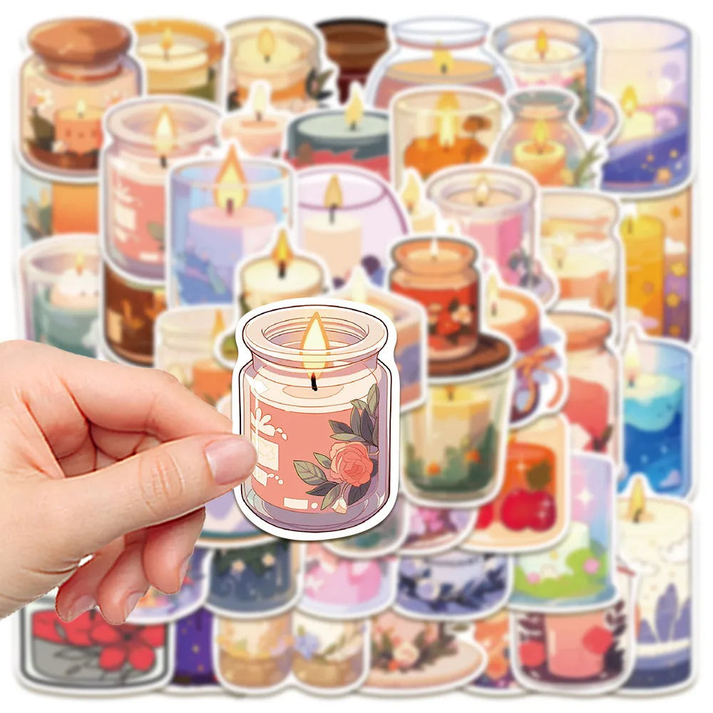 50-Piece Cozy Scented Candle Stickers | Waterproof Decals for Laptops, Notebooks, and lifestyle view