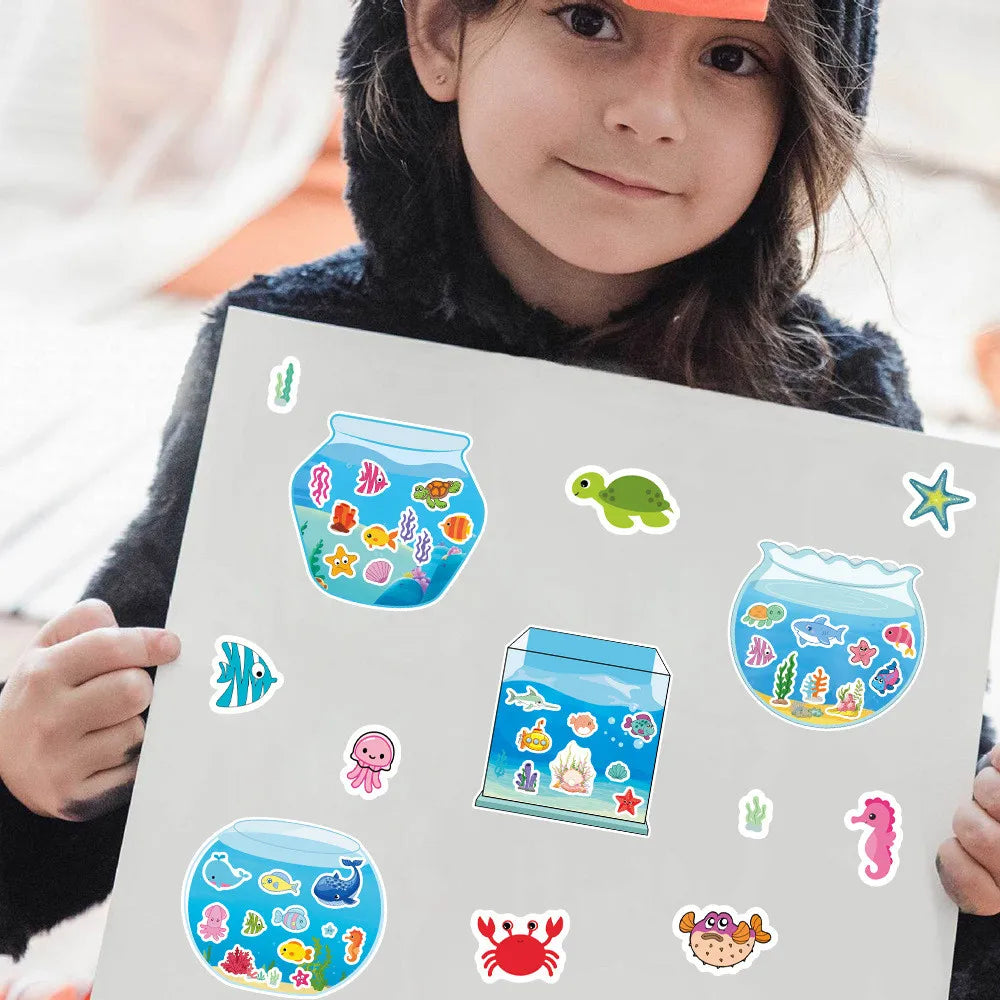 8 Pieces Kids Fish Tank Sticker Puzzles | Cartoon Marine Animal Decals additional angle