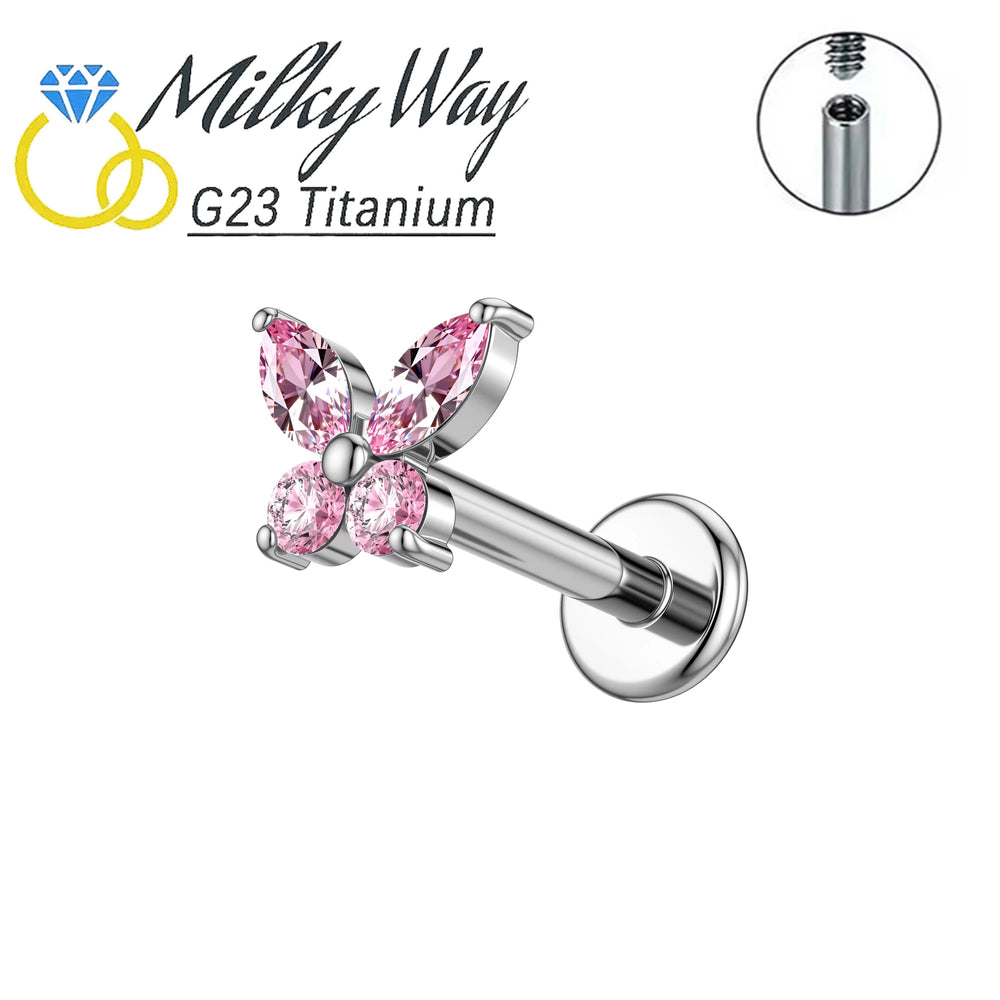 1PC G23 Titanium Butterfly Labret Piercing Lip Stud Cluster Zircon Tragus Flat Cartila close-up view