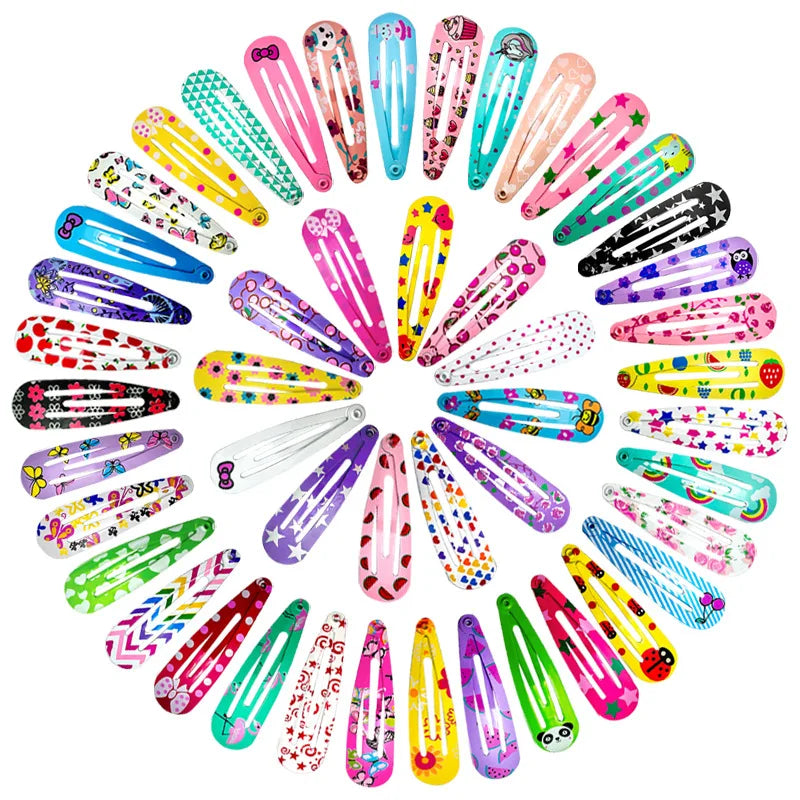 50Pcs/Lot Alloy Hair Accessories Children Hairpin Print Flower Cartoon Hairclip Solid Candy Color Head Barrettes Girls Headdress