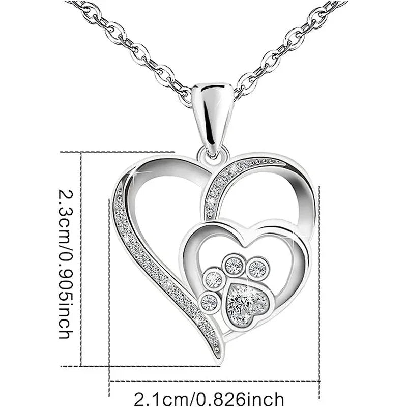 Huitan Sweet Paw Print Shaped Women Pendant Necklace Double Heart Elegant Accessori additional angle