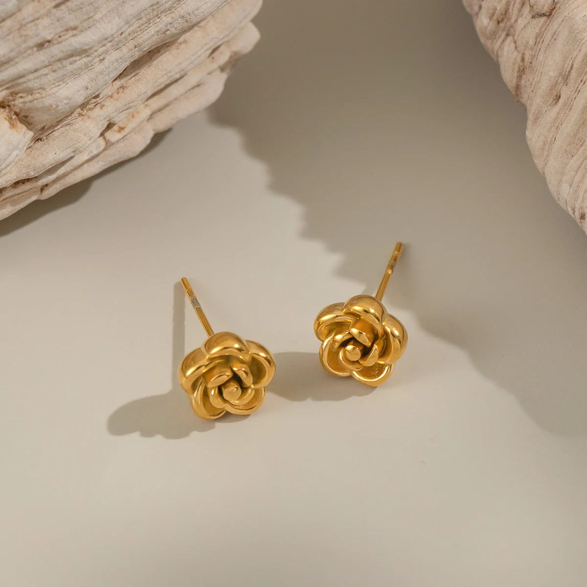Rose Flower Stud Earrings | 18K Gold Plated Stainless Steel Daily Jewelry for Women lifestyle view