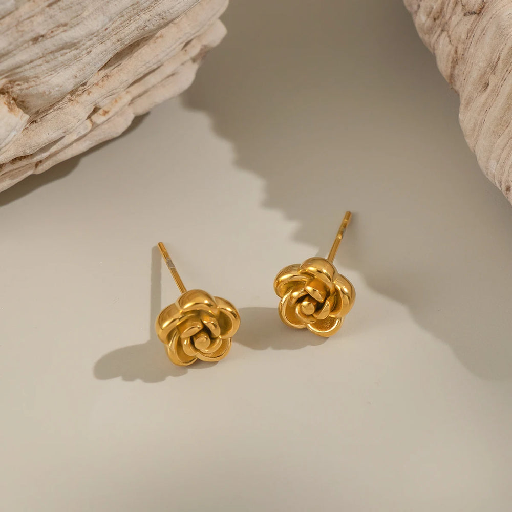 Rose Flower Stud Earrings | 18K Gold Plated Stainless Steel Daily Jewelry for Women lifestyle view