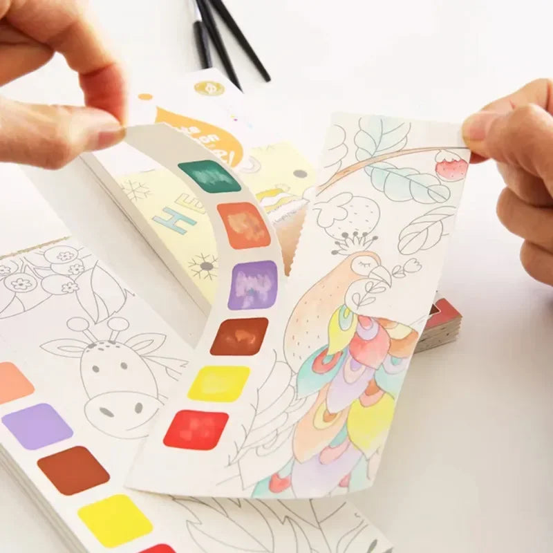 Kids Portable Watercolor Painting Book Paint With Water Brush Gouache Graffiti Picture Coloring Draw