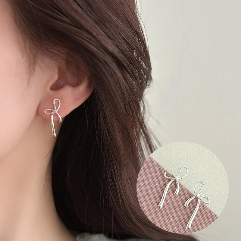 PANJBJ 925 Sterling Silver Bow Knot Earring for Women Texture Tassels Sweet Romantic Kor detail view