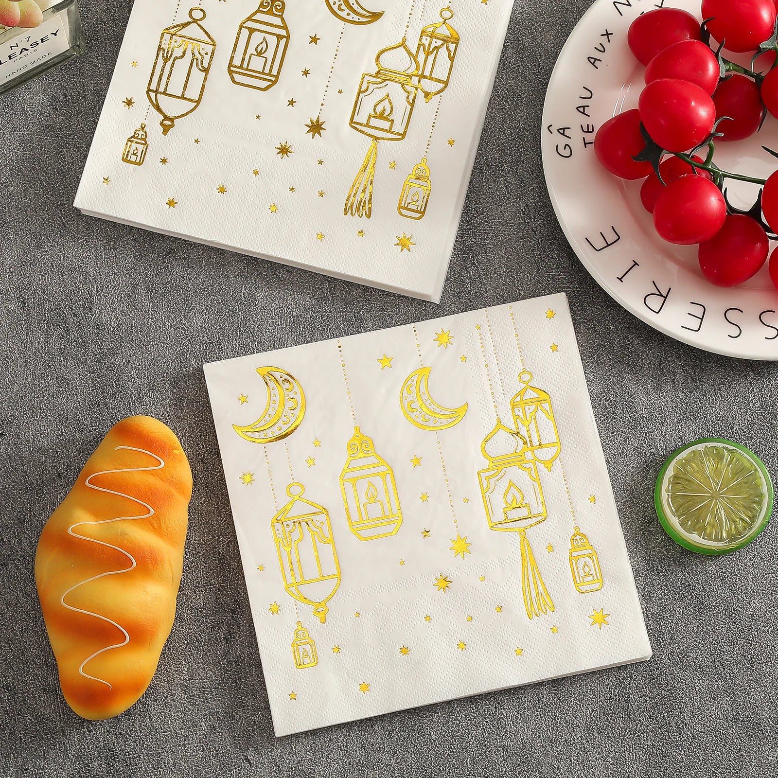 White Paper Napkins with Golden Moon Patterns | Elegant Party Napkins Pack of 20 close-up view