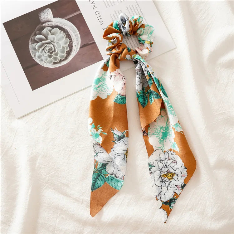Fashion Leopard Print Bow Satin Long Ribbon Ponytail Scarf Hair Tie Scrunchies Women G close-up view