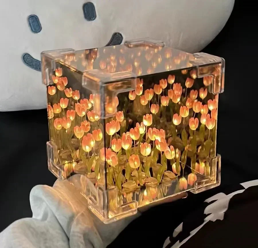DIY Tulip Mirror Cube Lamp | Handmade Night Light for Bedroom Decor detail view