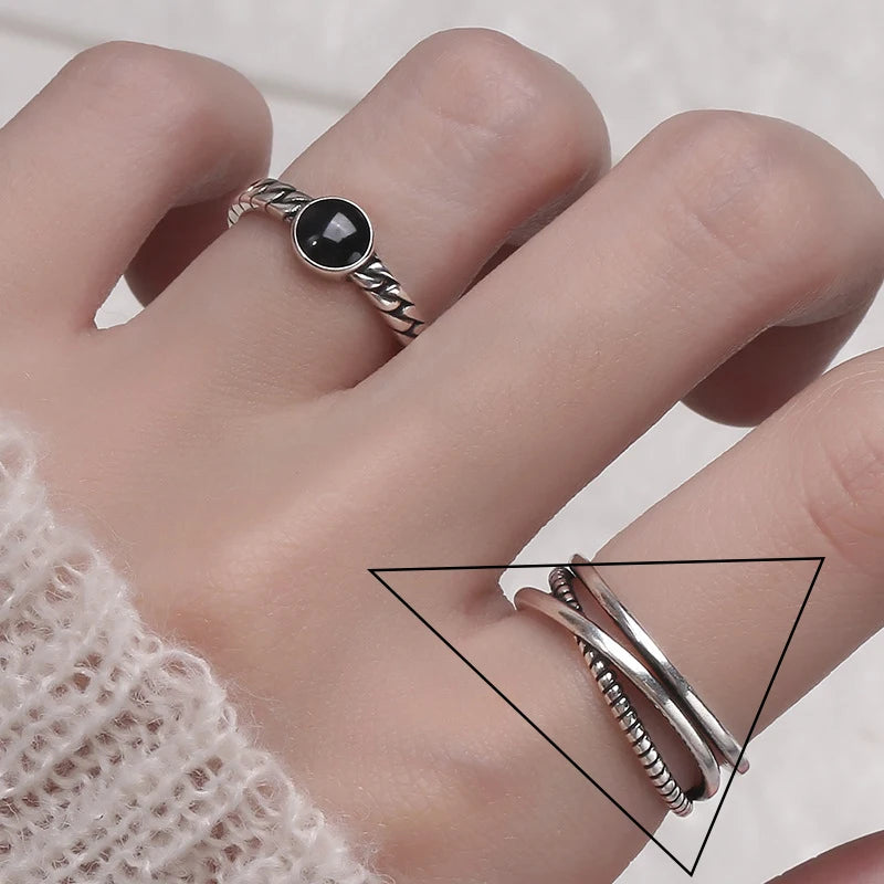 VENTFILLE 925 Sterling Silver Geometric Multilayer Round Bead Ring Female Fashion P additional angle