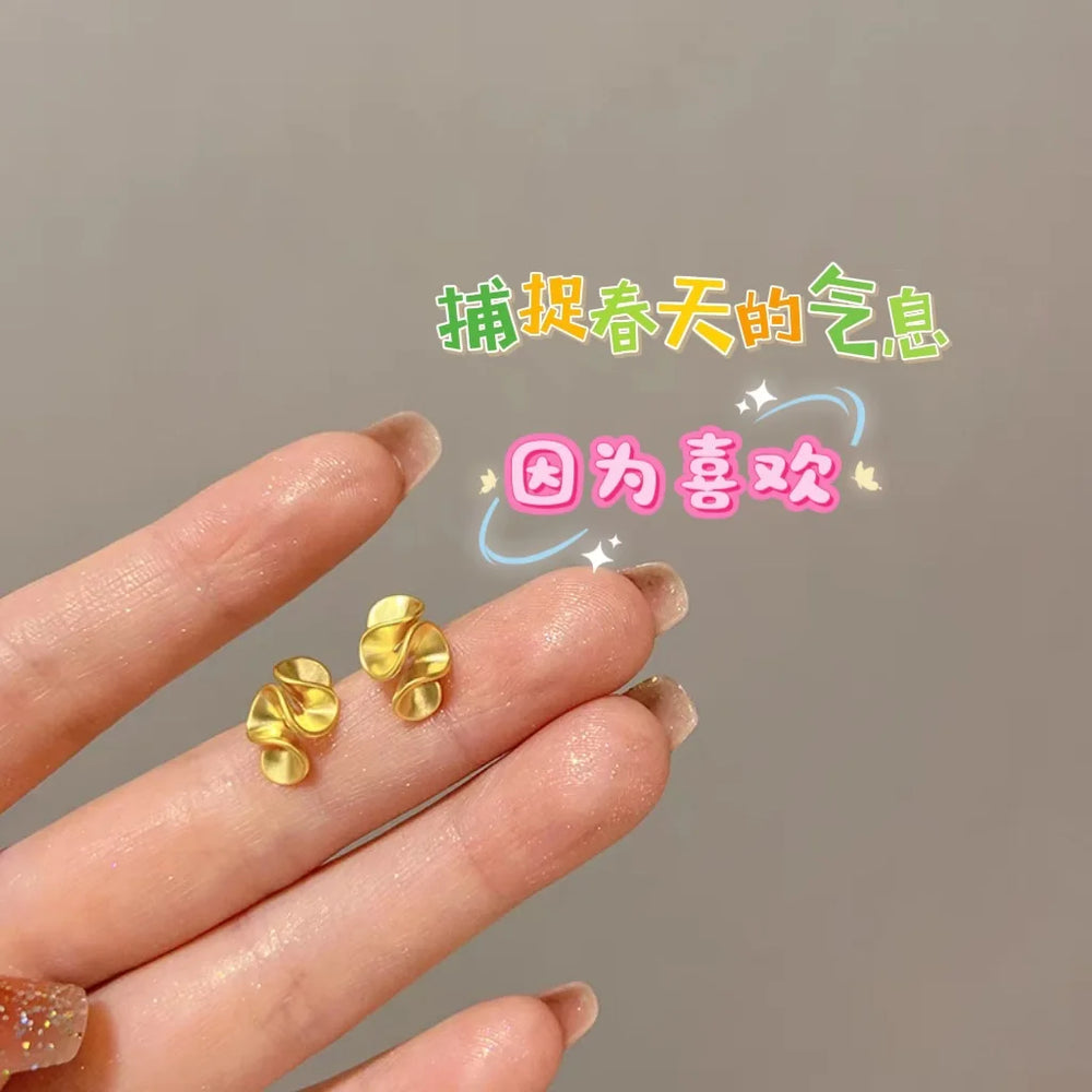 AU999 24K Gold Ruffled Lotus Leaf Earrings for Women | Elegant Floral Drop Earrings close-up view