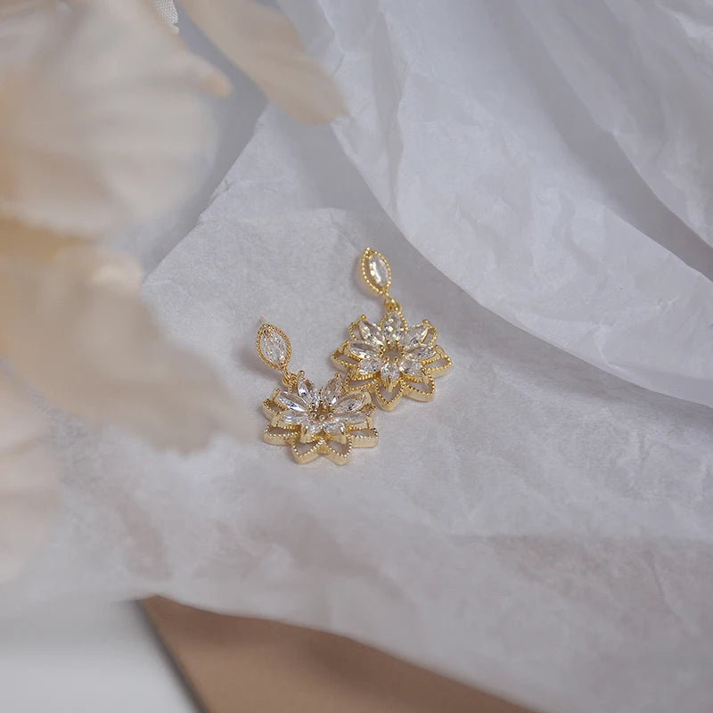 14K Real Gold Dainty Korean Flower Earrings for Women | Bling AAA Zirconia Stud Ear additional angle