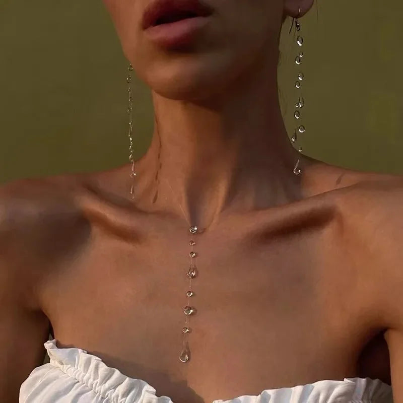 Simple Transparent Water Drop Clavicle Chain Thin Rope Beaded Tassel Earrings Necklac alternate view