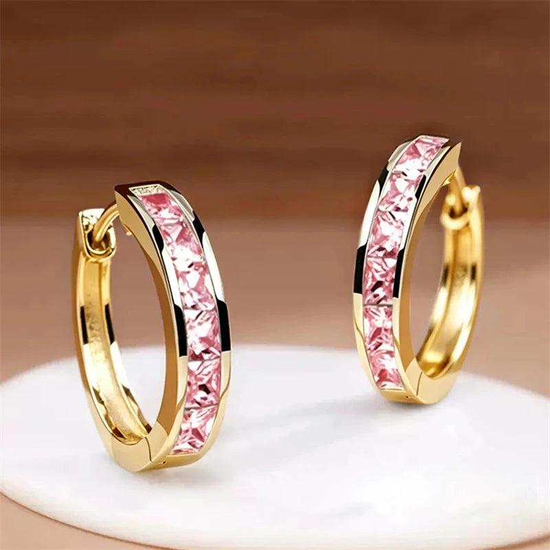 Huitan Hoop Earrings with Princess Cubic Zirconia Exquisite Ear Circle Earrings for W lifestyle view
