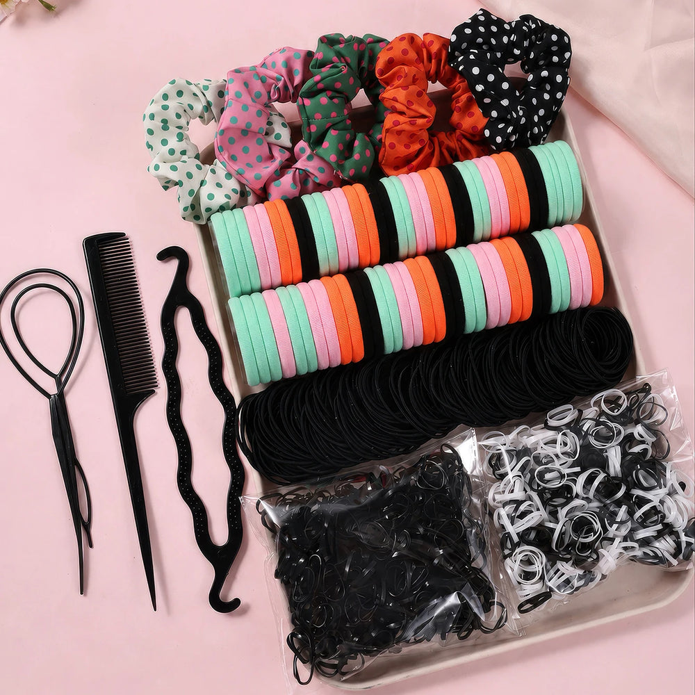 Women Dark Hair Set Elastic Seamless Ponytail Scrunchies Small Rubber Bands Hair Ties close-up view