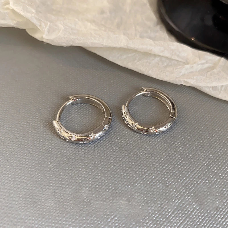 Metal Four Star Hoop Earrings for Women | Simple Zircon Geometric Circle Earrings lifestyle view