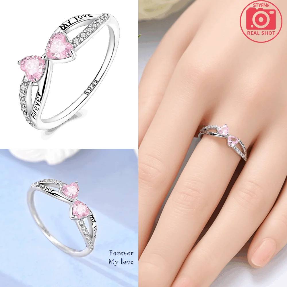 Original Romantic Heart-shaped White Zircon Shell Bowknot Rings 925 Sterling Silver Wo close-up view