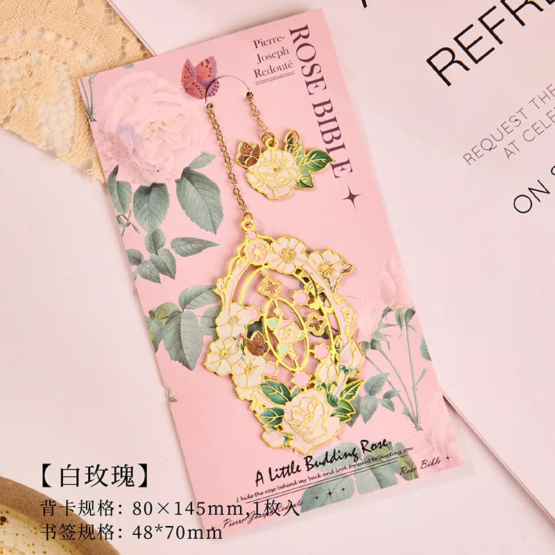 Retro Metal Aesthetic Rose Bookmark Pendant Chinese Style Floral Painting Bookmark St alternate view